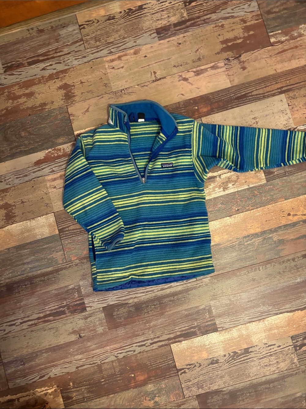 Vintage Kids Patagonia Blue & Green Striped Quarter-Zip Fleece Pullover